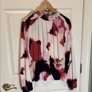 Nine West Pink and Black Watercolor Long-Sleeve Blouse